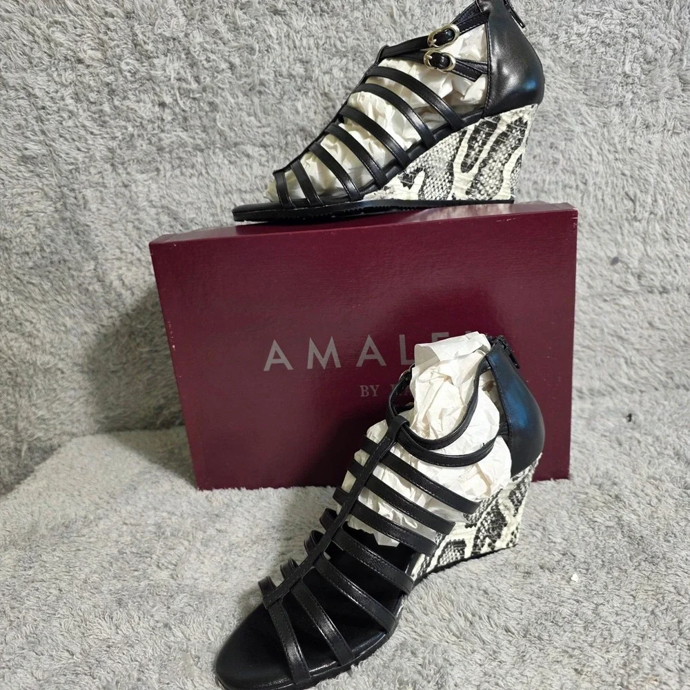 Amalfi Rangoni Black Italian Leather‎ Snakeskin Wedge Gladiator Sandals 9.5M NEW